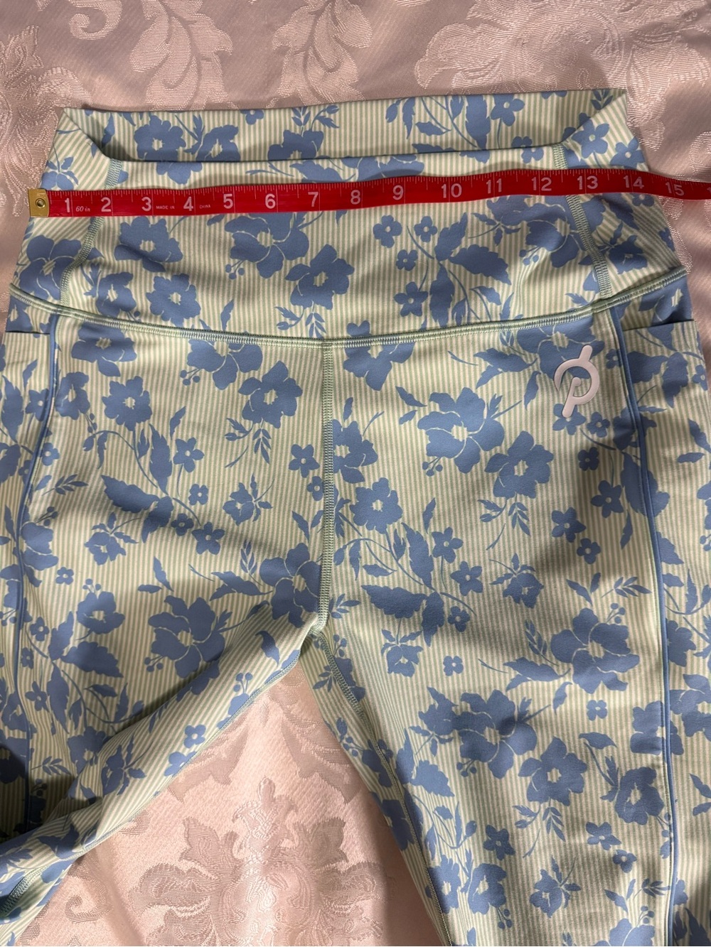 Peloton Floral High Rise Leggings Size L Blue Green Stripe Print Side Pockets - Picture 13 of 15